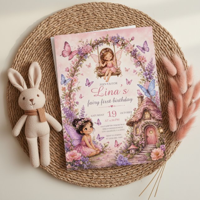 Invitación de cumpleaños número uno de hada al bos (Fairy First Birthday Pink Forest Invitation)