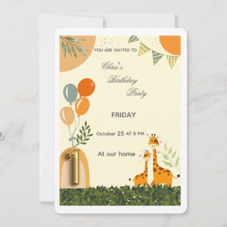 Invitación de cumpleaños número uno de jirafa boho