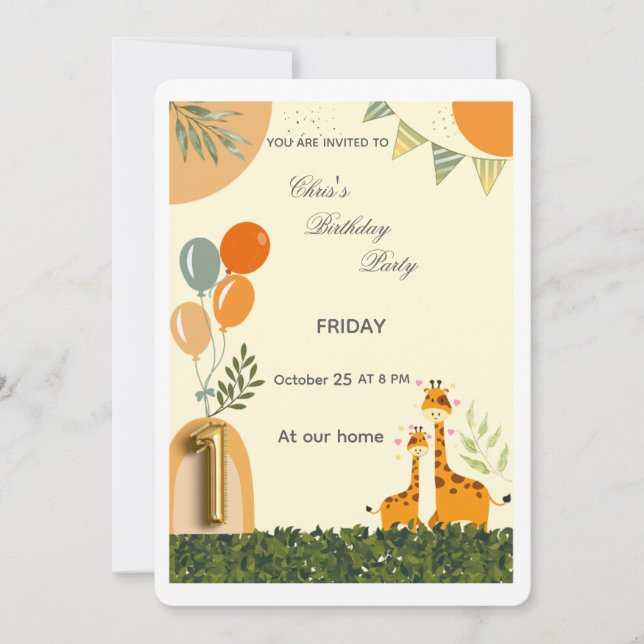 Invitación de cumpleaños número uno de jirafa boho (Anverso)
