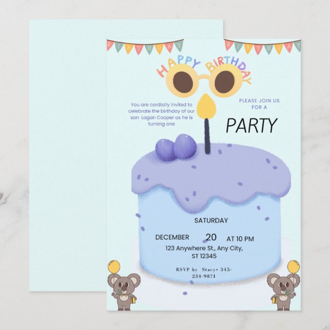 Invitación de cumpleaños número uno de koala lindo (Anverso / Reverso)