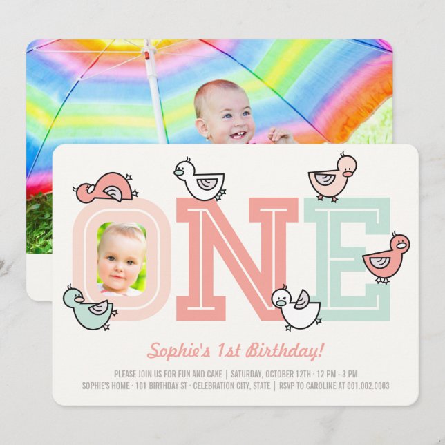 Invitación de cumpleaños número uno de la niña de  (Anverso / Reverso)