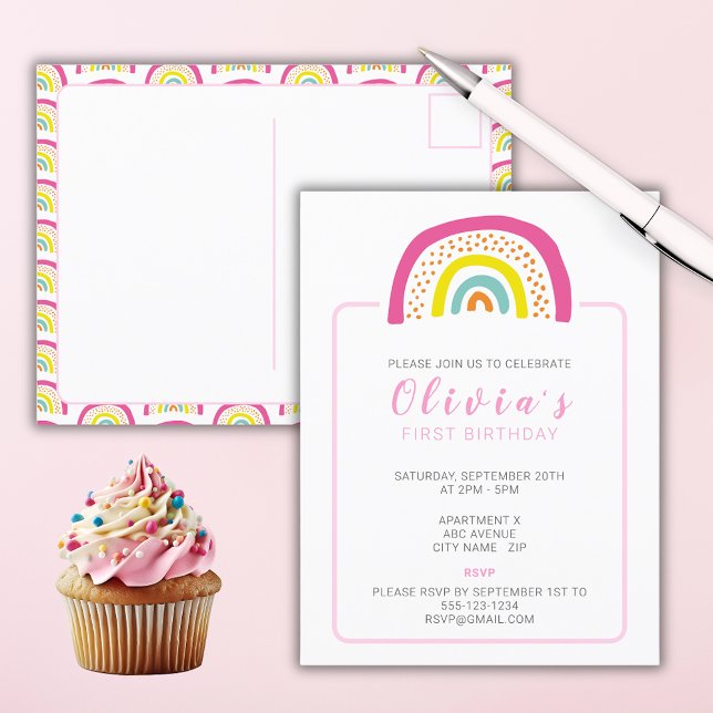 Invitación de cumpleaños número uno de las chicas  (Girls Birthday Party Invitation postcard with colorful pink rainbow design.)