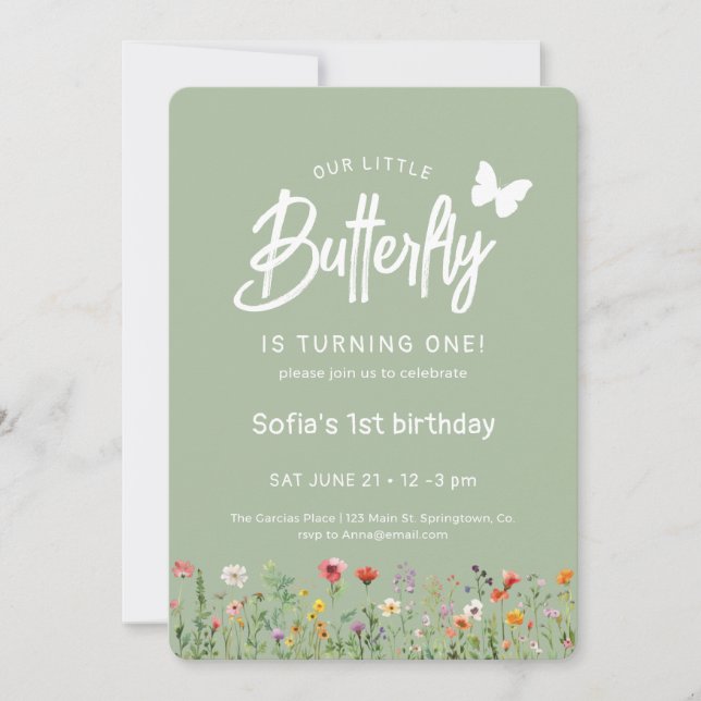 Invitación de cumpleaños número uno de Mariposa Ad (Anverso)