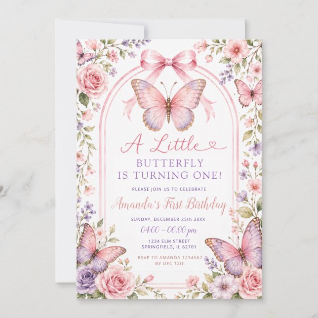 Invitación de cumpleaños número uno de mariposa ro (Anverso)