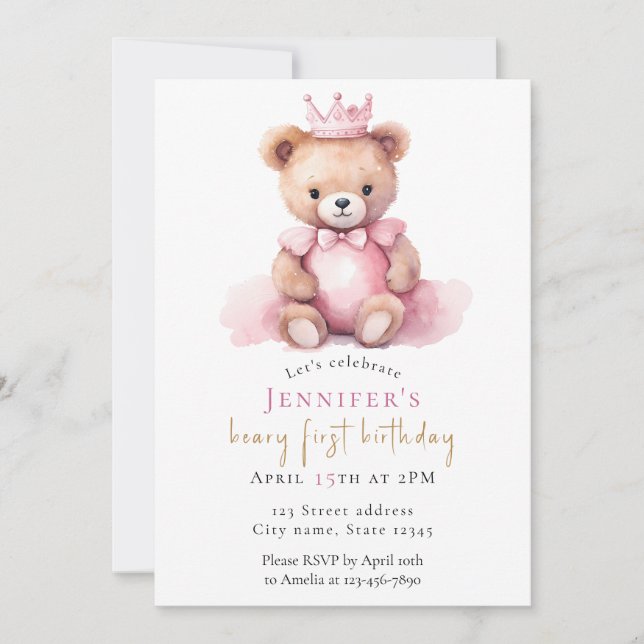 Invitación de cumpleaños número uno de niña con os (Anverso)