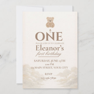 Invitación de cumpleaños número uno de osito boho