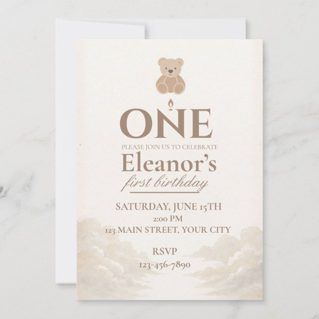 Invitación de cumpleaños número uno de osito boho (Anverso)