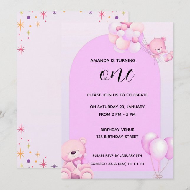 Invitación de cumpleaños número uno de osito de pe (Anverso / Reverso)