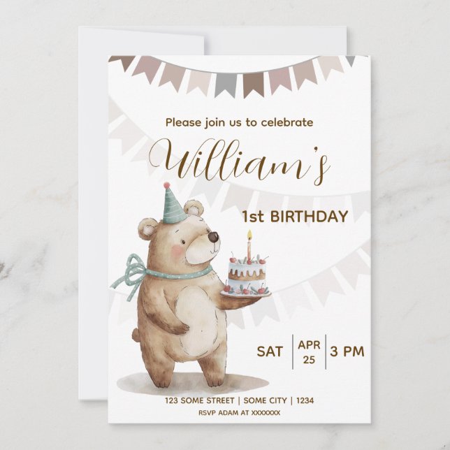 Invitación de cumpleaños número uno de oso de pelu (Anverso)