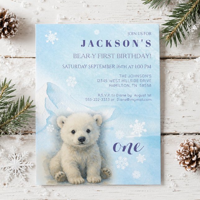 Invitación de cumpleaños número uno de oso polar B (Polar Bear Beary First Birthday Party Invitation)