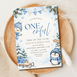 Invitación de cumpleaños número uno de Penguin Sno