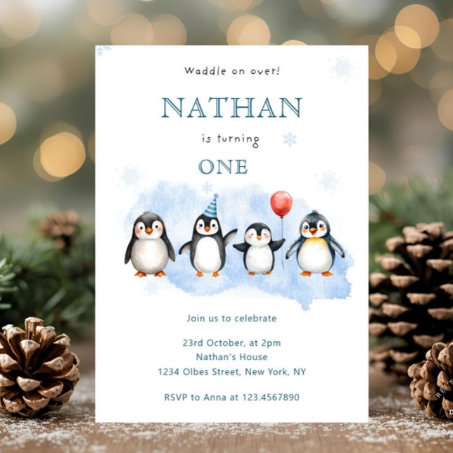 Invitación de cumpleaños número uno de pingüino de (penguin birthday invitation,
penguin first birthday,
winter birthday invite,
arctic animal birthday,)