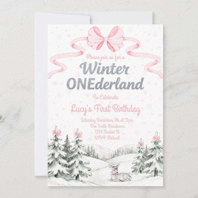 Invitación de cumpleaños número uno de Pink Winter (Anverso)