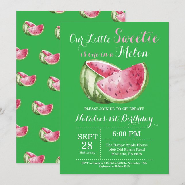 Invitación de cumpleaños número uno de sandía One  (Anverso / Reverso)