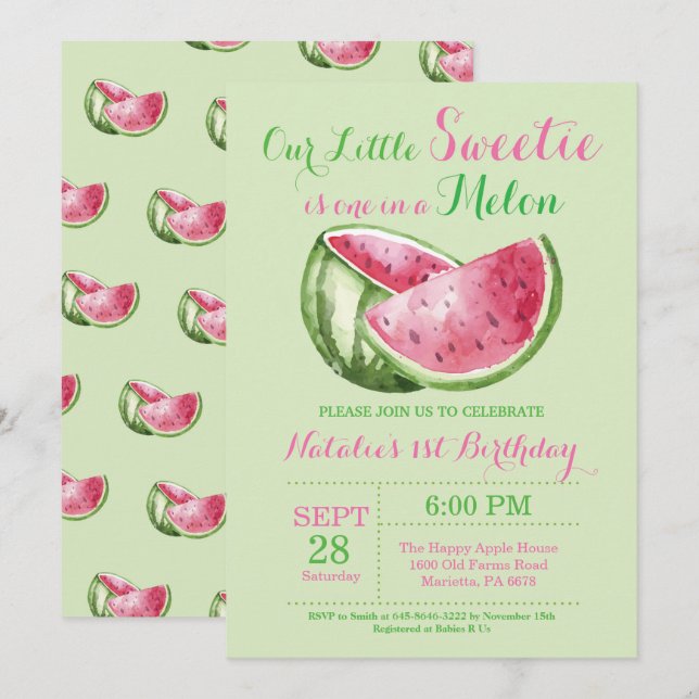 Invitación de cumpleaños número uno de sandía One  (Anverso / Reverso)
