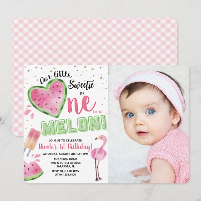 Invitación de cumpleaños número uno de sandía One  (Anverso / Reverso)