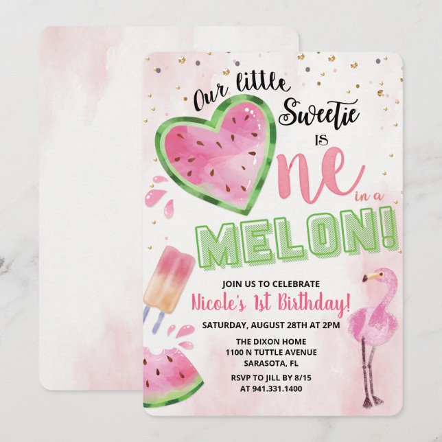 Invitación de cumpleaños número uno de sandía One  (Anverso / Reverso)