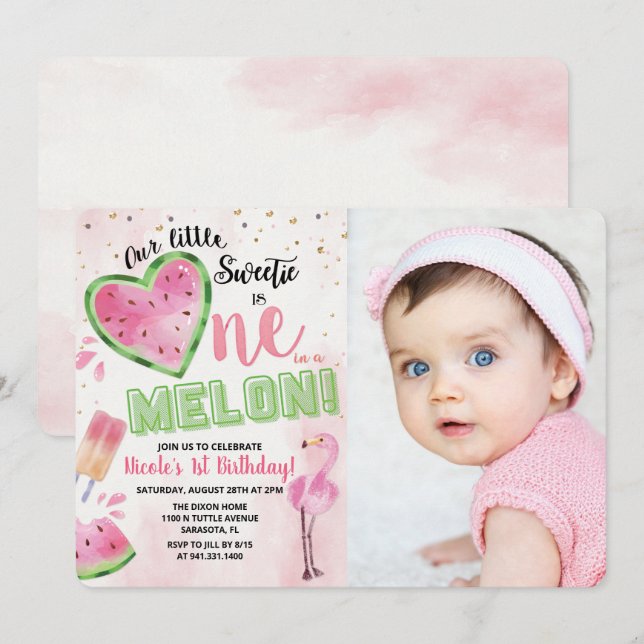 Invitación de cumpleaños número uno de sandía One  (Anverso / Reverso)