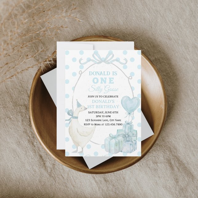 Invitación de cumpleaños número uno de Silly Goose (One Silly Goose is turning ONE! 🦢 Get this adorable, high-quality invite & party like a flock!)