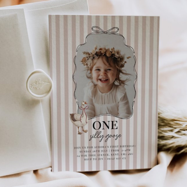 Invitación de cumpleaños número uno de Silly Goose (Zazzle Pink One Silly Goose 1st Birthday Invitation
)