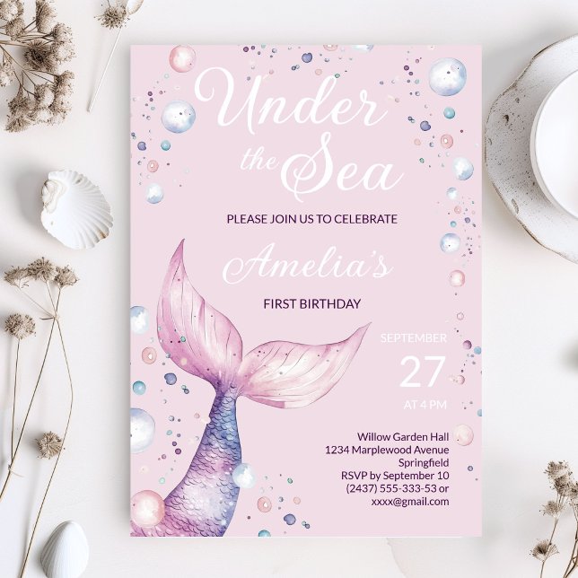 Invitación de cumpleaños número uno de sirena bajo (Pink under the sea mermaid tail invitation for baby girl first birthday)