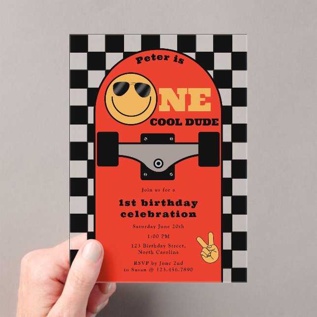 Invitación de cumpleaños número uno de skateboard (Insitu (portátil))