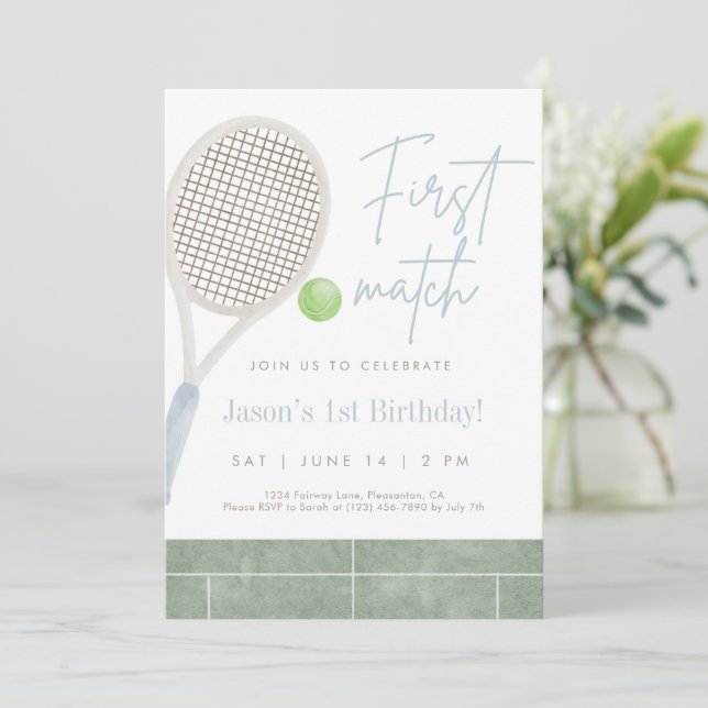 Invitación de cumpleaños número uno de tenis azul (Anverso de pie)