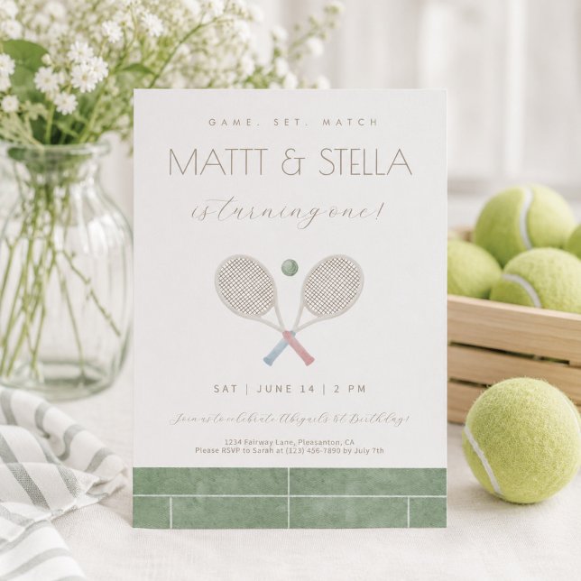 Invitación de cumpleaños número uno de tenis gemel (Subido por el creador)