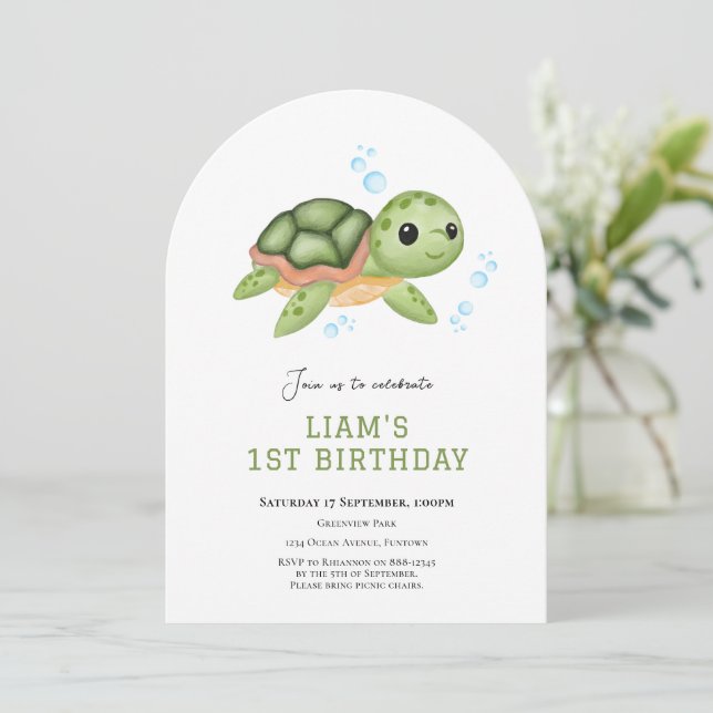 Invitación de cumpleaños número uno de tortuga baj (Anverso de pie)