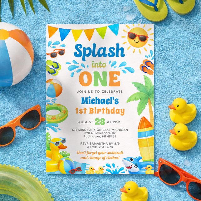 Invitación de cumpleaños número uno de verano - Sa (Summer Beach Pool Party 1st Birthday Invitation)