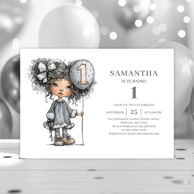 Invitación de cumpleaños número uno de Whimsy Girl (Whimsy Girl 1st Birthday Black Gold Party invitation)