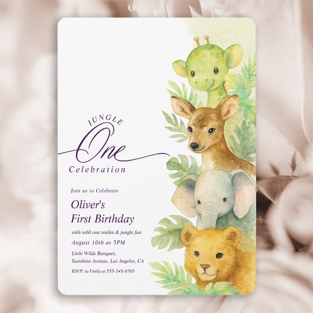 Invitación de cumpleaños número uno de Wild One Ju (Wild One Jungle Leaves Boy 1st Birthday Invitation)