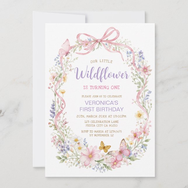 Invitación de cumpleaños número uno de Wildflower  (Anverso)