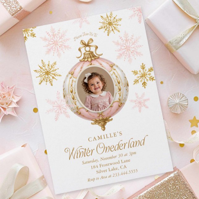 Invitación de cumpleaños número uno de Winter ONEd (Winter Onderland Snowflake photo birthday invitation)