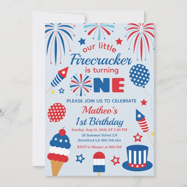 Invitación de cumpleaños número uno del 4 de julio (Anverso)