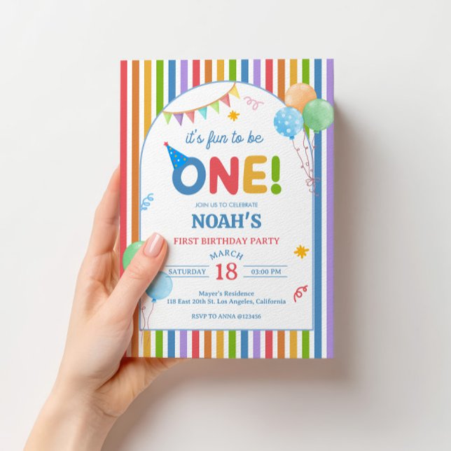 Invitación de cumpleaños número uno divertida para (Fun to Be One colorful birthday invitation for a cheerful boy first birthday party. 🎉🎂)