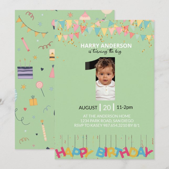 Invitación de cumpleaños número uno en verde menta (Anverso / Reverso)