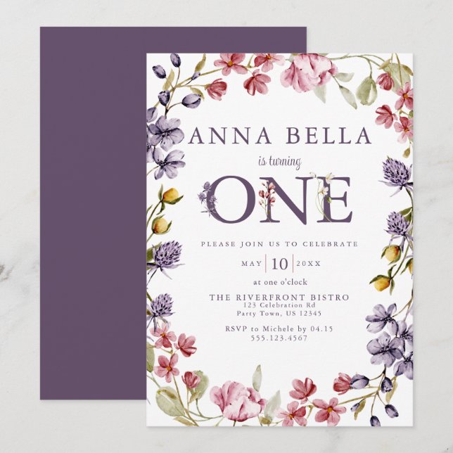 Invitación de cumpleaños número uno floral (Anverso / Reverso)
