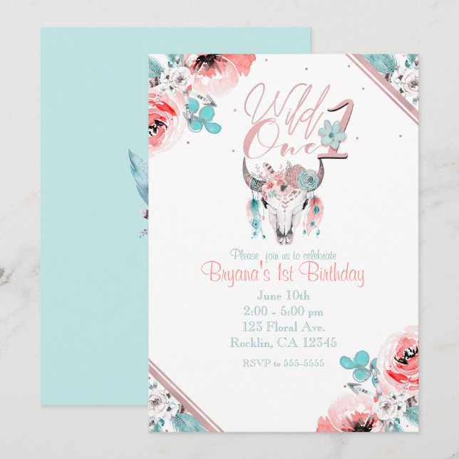 Invitación de cumpleaños número uno floral boho ch (Anverso / Reverso)