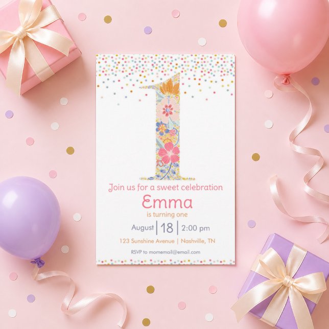 Invitación de cumpleaños número uno floral caprich (Subido por el creador)