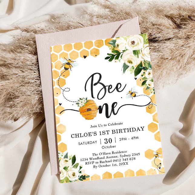 Invitación de cumpleaños número uno floral de abej (Subido por el creador)