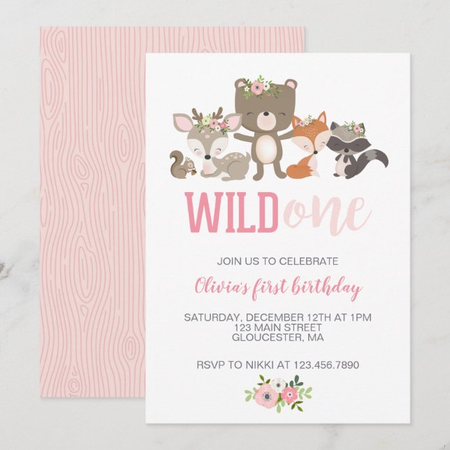 Invitación de cumpleaños número uno floral de anim (Anverso / Reverso)