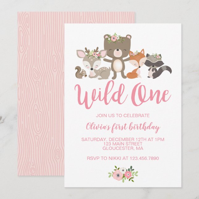 Invitación de cumpleaños número uno floral de anim (Anverso / Reverso)