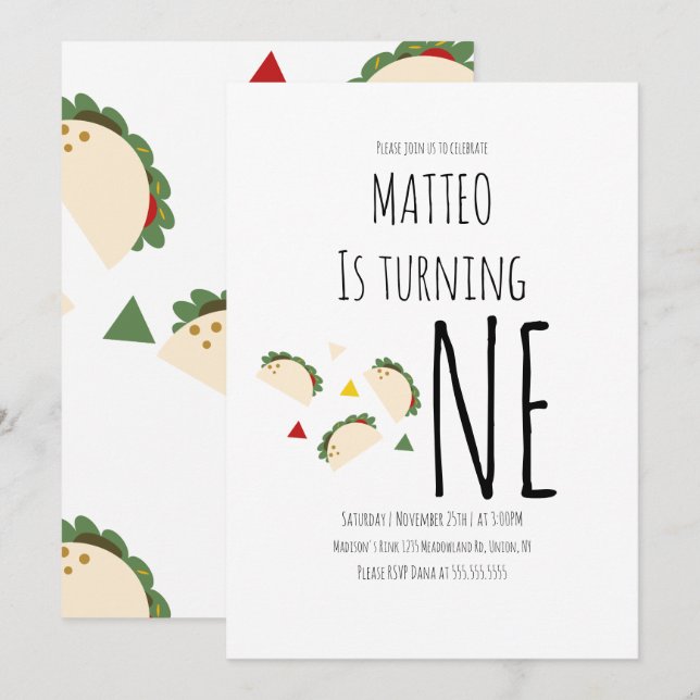 Invitación de cumpleaños número uno grande de Taco (Anverso / Reverso)