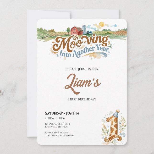 Invitación de cumpleaños número uno granja Moo-vin (Anverso)