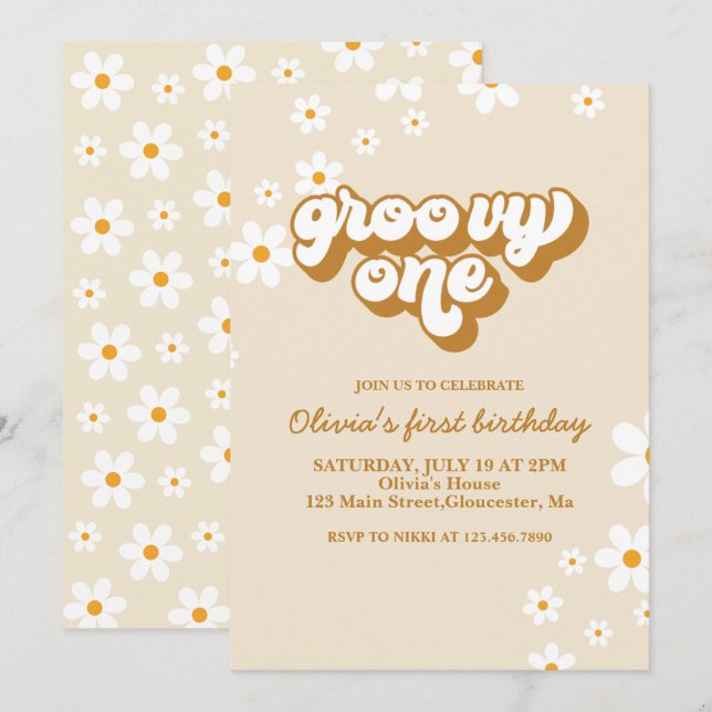 Invitación de cumpleaños número uno Groovy One Ret (Anverso / Reverso)