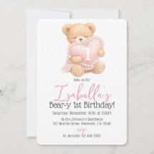 Invitación de cumpleaños número uno niña con oso d