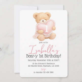 Invitación de cumpleaños número uno niña con oso d