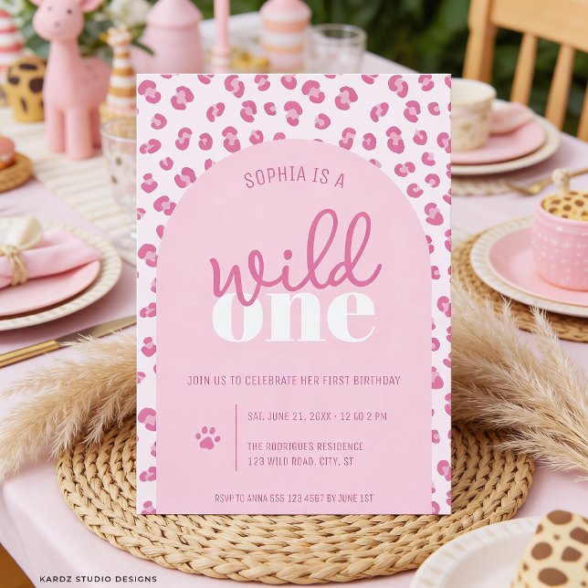 Invitación de cumpleaños número uno niña salvaje r (Front of the invitation shown in 5x7-inch. Choose size, paper, and corner style.)