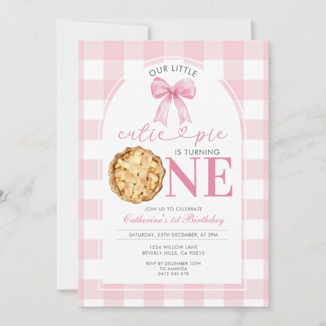 Invitación de cumpleaños número uno Pink Gingham C (Anverso)